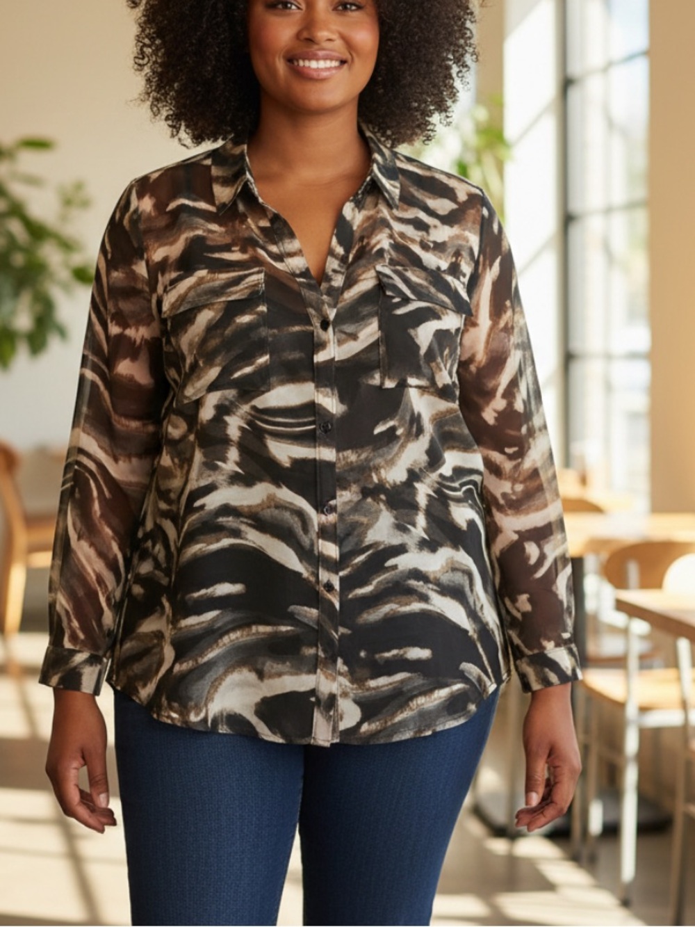 Womenโs Calvin Klein Brown Black Sheer Watercolor Tunic Animal Print Top Large